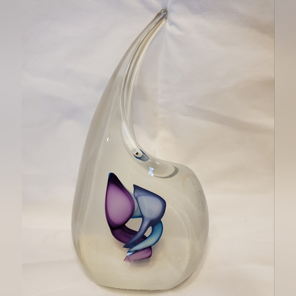 Vintage MCM Heavy Clear Glass Paperweight With Multicolored Swirls